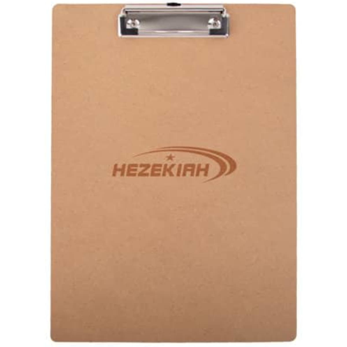 A brown MDF wooden clipboard with a silver clip and a hanging hole, featuring a logo on the surface.