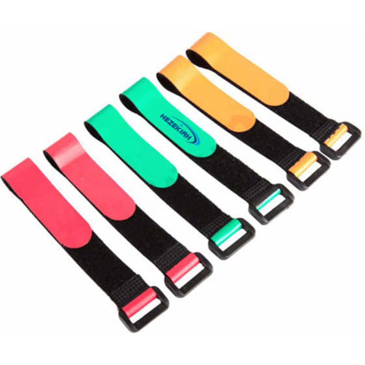 A set of hook loop straps in red, green, orange, and black, featuring buckles and one logo.