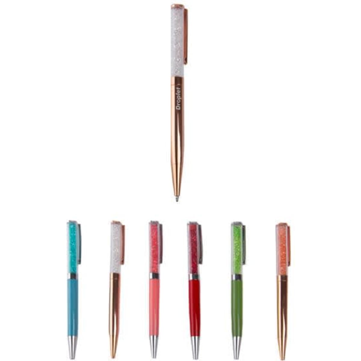A selection of six coloured crystalline ballpoint pens in turquoise, coral, red, green, and pink, with a central clear pen.