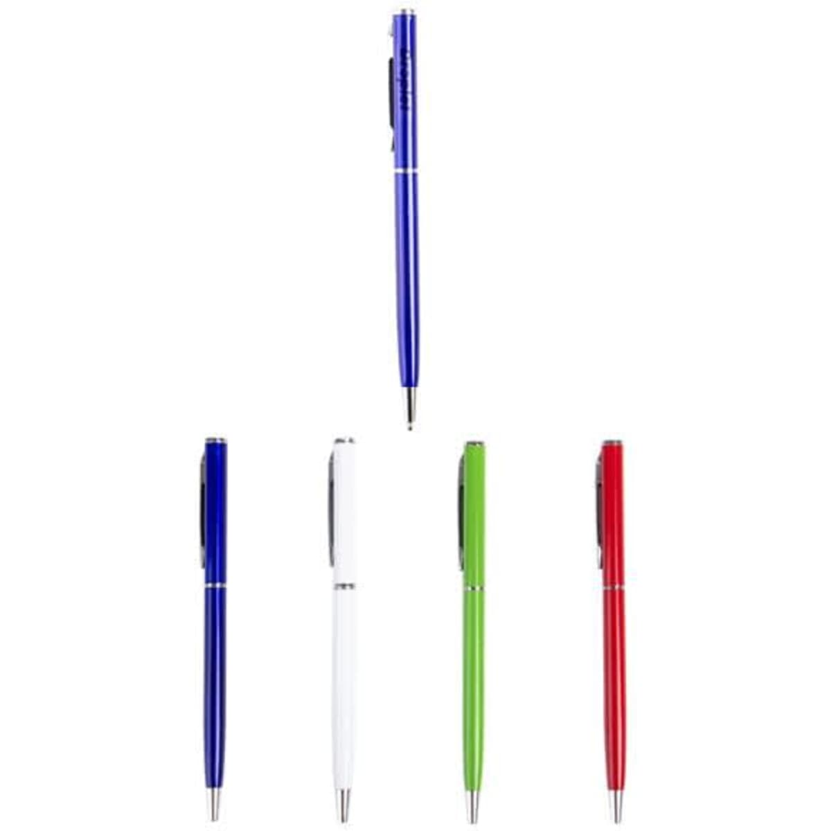 A collection of five metal ballpoint pens in blue, green, red, white, and black, featuring a logo.