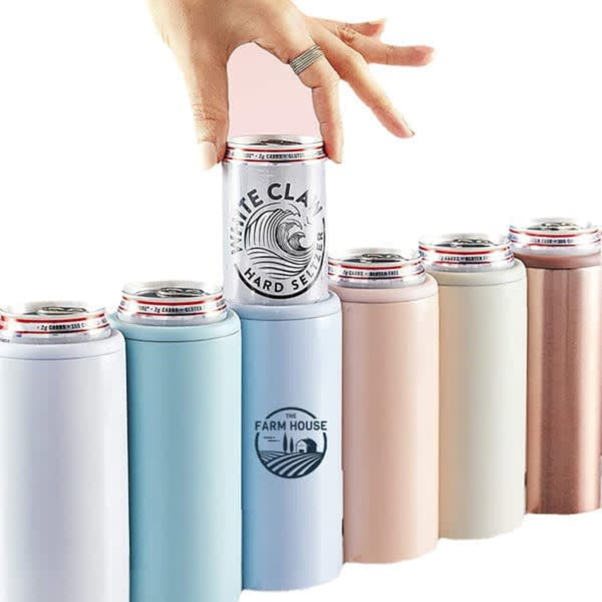 A drink bottle cooler collection in pastel shades, designed for slim beer cans, featuring a logo on one cooler.