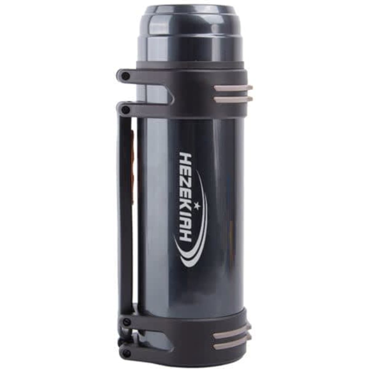 A drink bottle in black stainless steel featuring a carrying handle and a logo. Designed for travel and insulation.