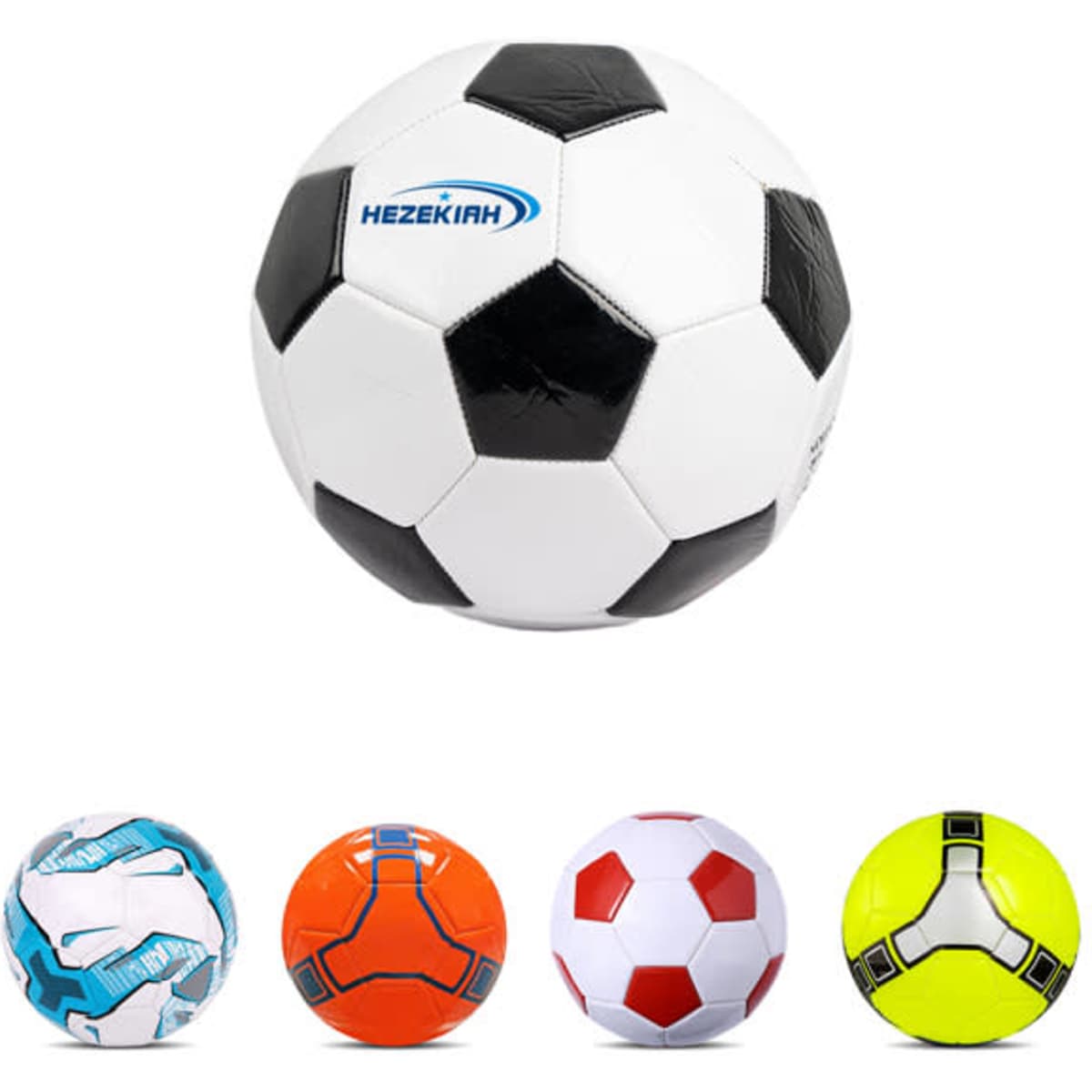 A white and black soccer ball with a logo, accompanied by four colourful alternative designs in orange, red, and blue.