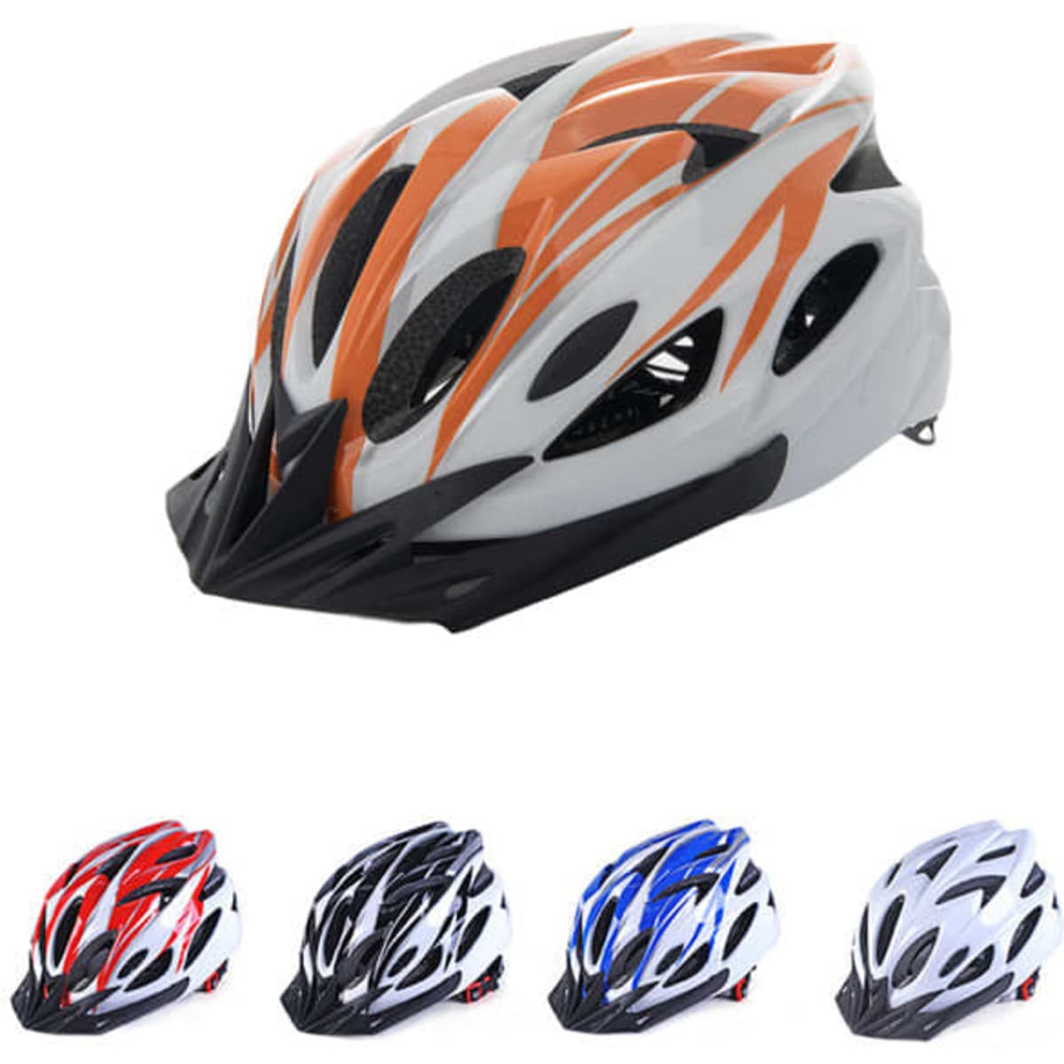 An adjustable CE certified cycling helmet in grey with orange accents, alongside options in red, black, white, and blue.