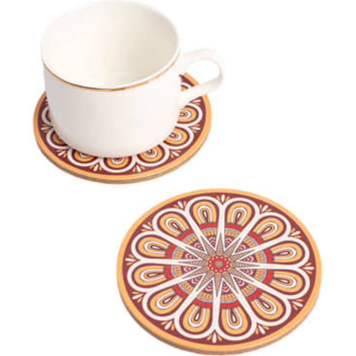 A drink bottle rests on a personalised round cork coaster featuring a vibrant mandala design in red and orange tones.