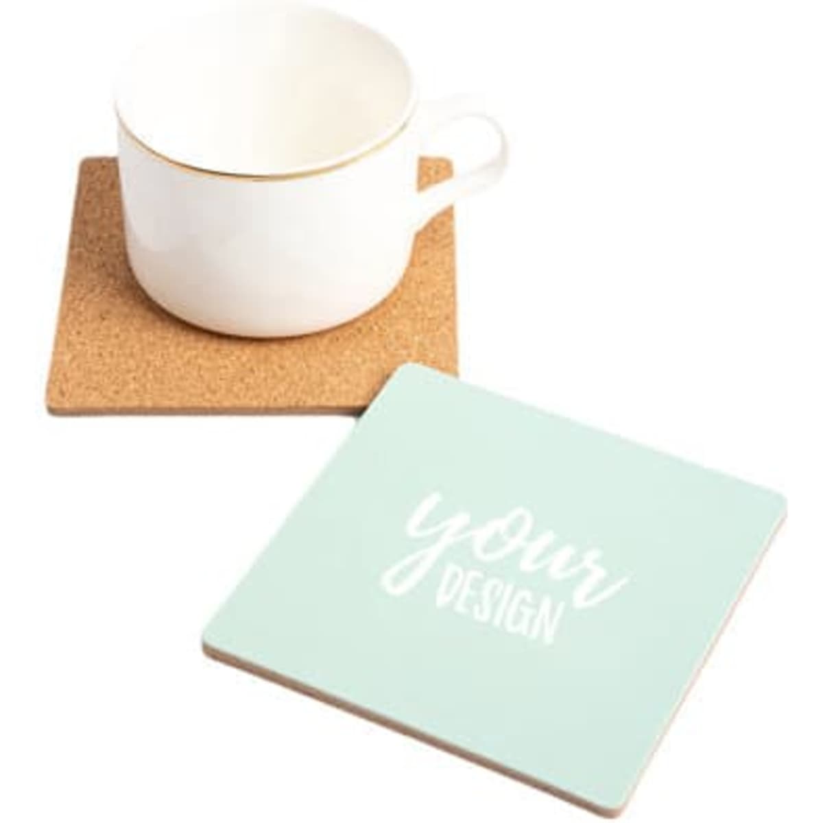 A cork coaster in a square shape, featuring a mint green surface and a white cup on top. It has a logo.