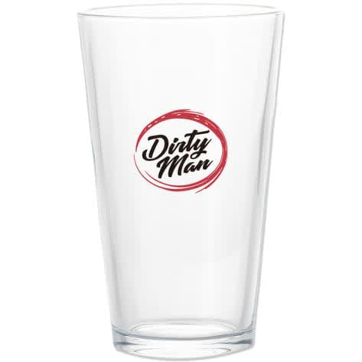 A clear 16 oz. pint glass featuring a circular logo in red and black. Ideal for beer or other beverages.