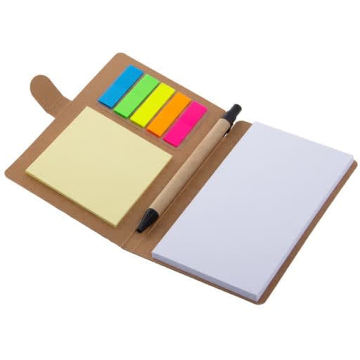A memo sticky notes set in a brown cover, featuring yellow sticky notes, coloured flags, and a pen.