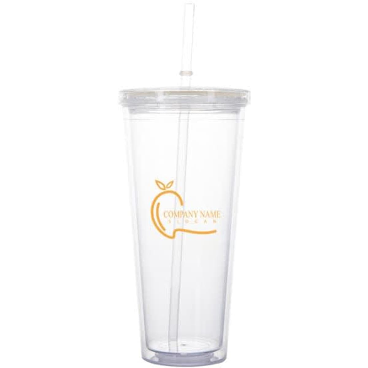 A clear 20 oz. plastic tumbler with a straw and a logo in orange. Ideal for beverages.