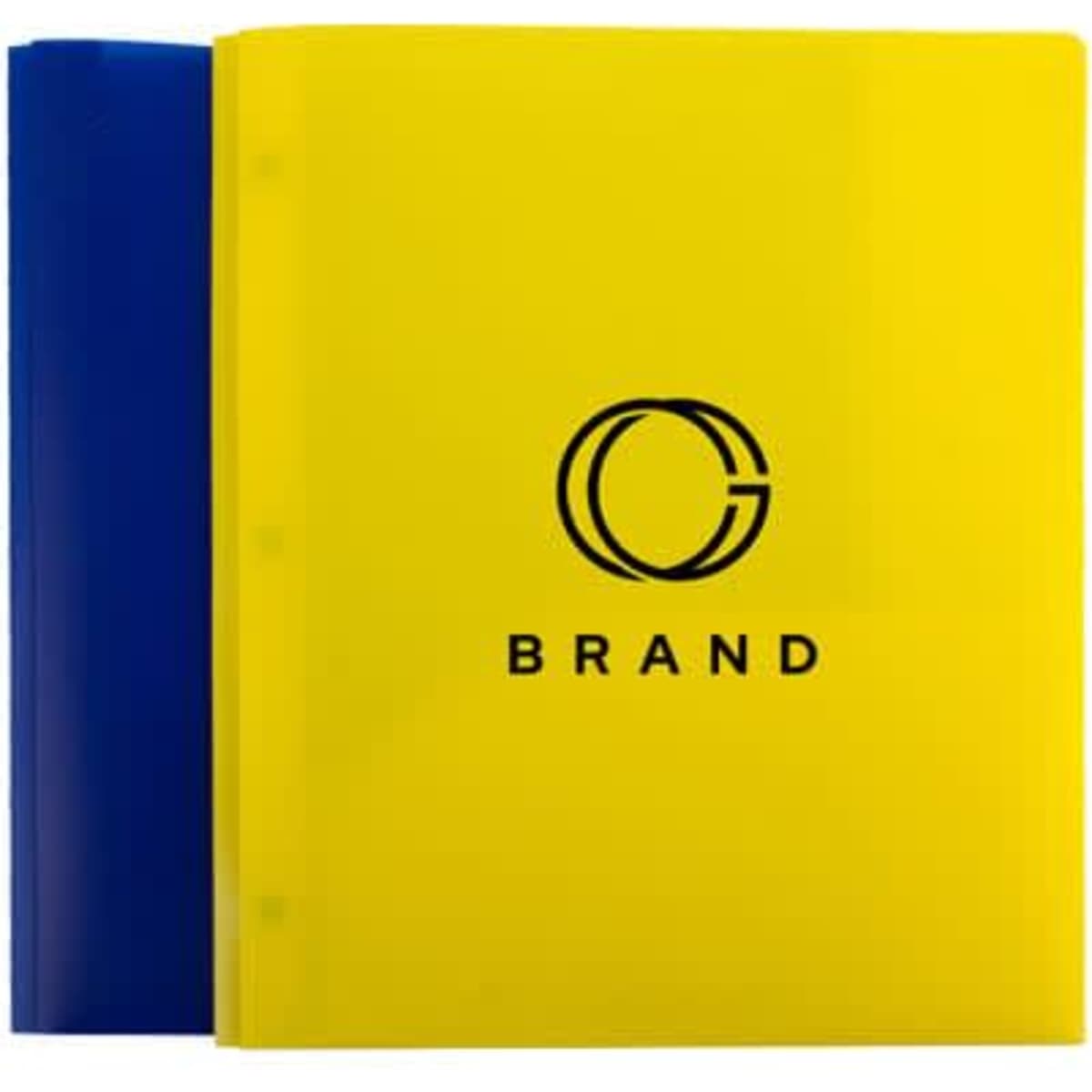 A plastic pocket folder in yellow with a blue pocket, featuring a logo. Suitable for office use with three holes.