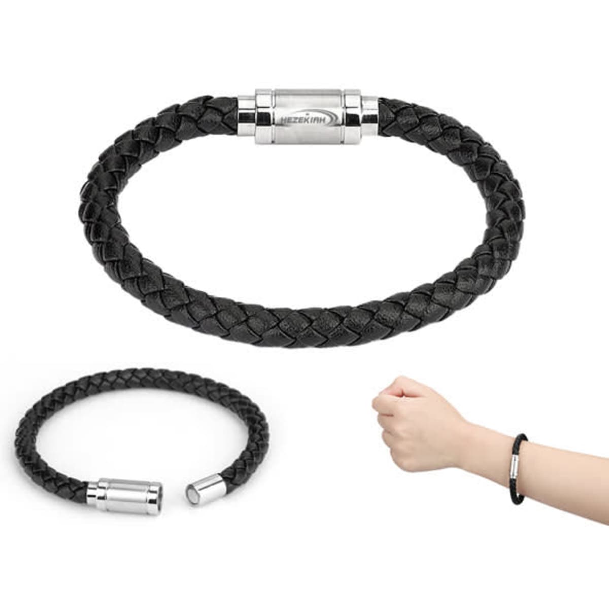 A black braided leather bracelet with a silver clasp, featuring a logo on the clasp.