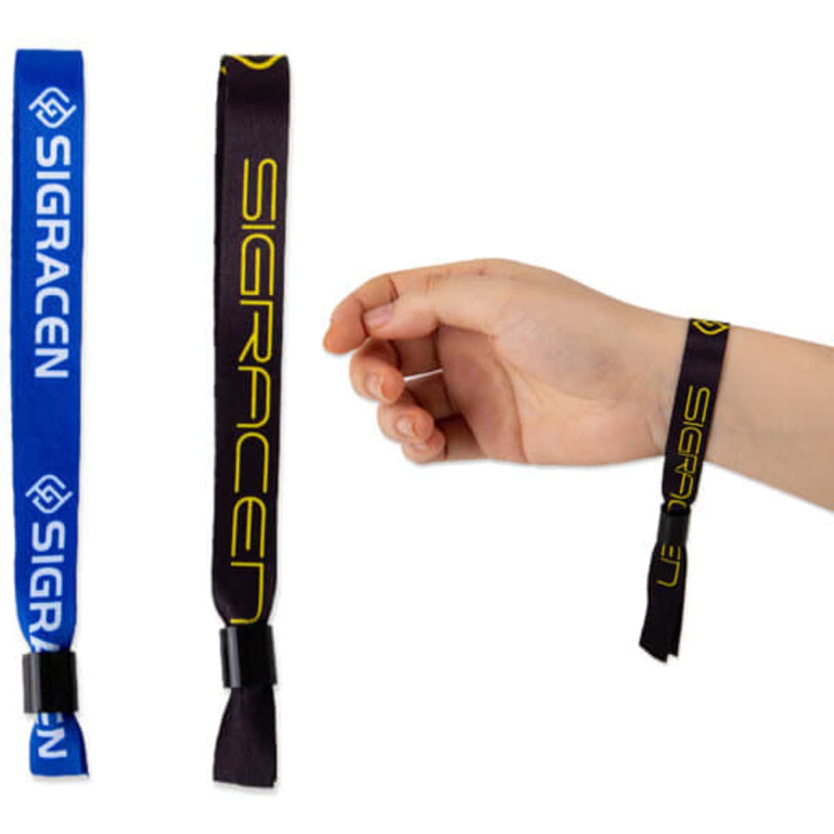 Custom one-time use polyester slide lock wristbands in blue and black with branding, displayed on a hand and separately.