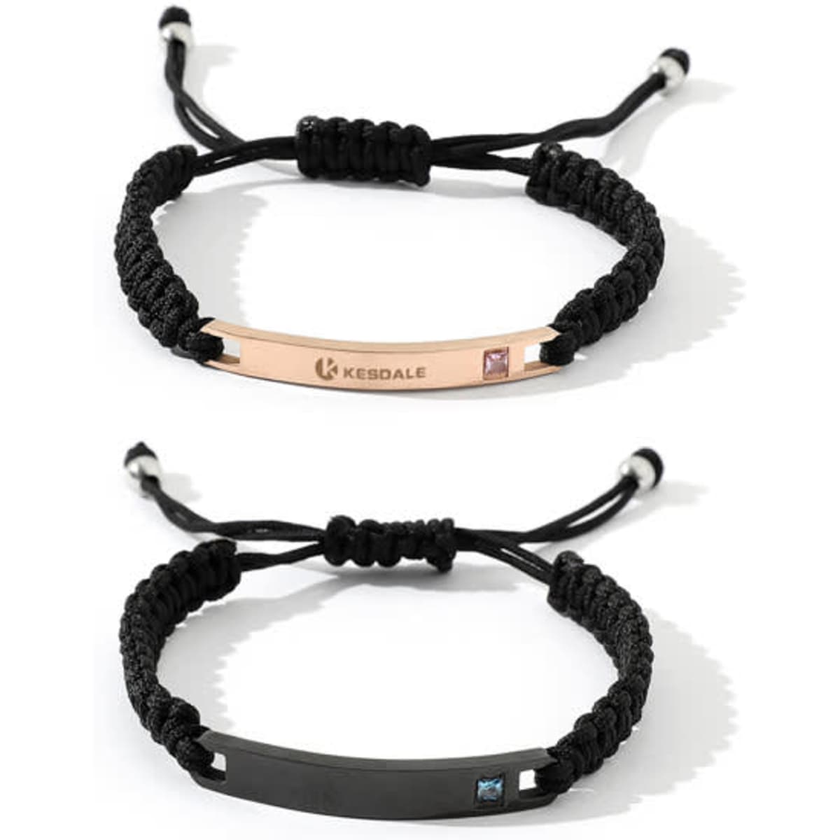 A black and a rose gold personalised hand-woven braided bracelet with adjustable cords and logo.