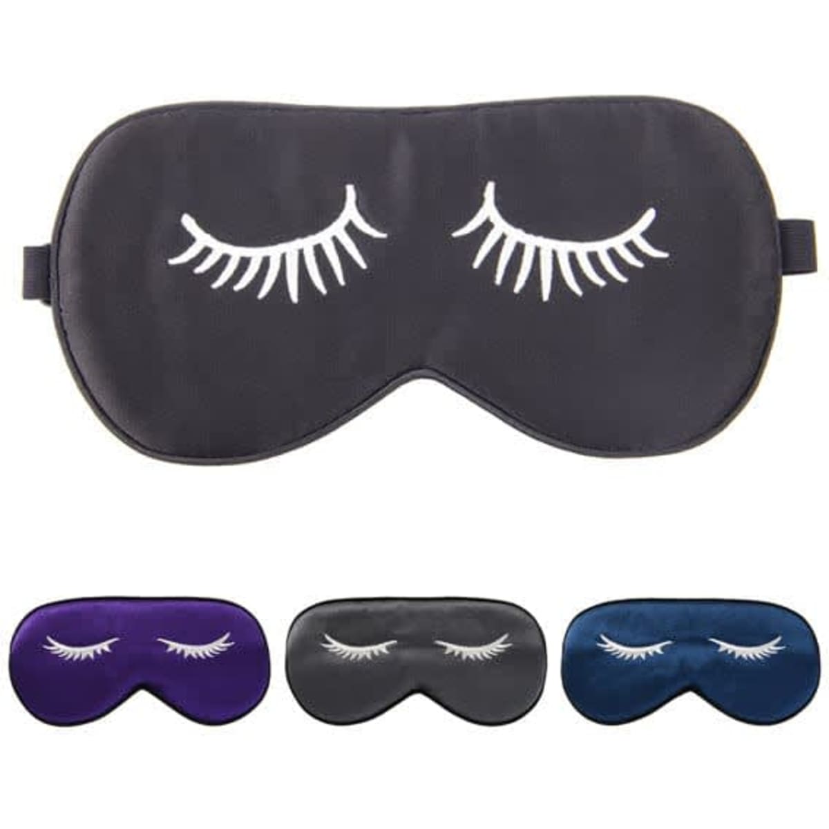 A black silk eye mask with eyelash embroidery, accompanied by purple, grey, and teal versions. Features a logo.
