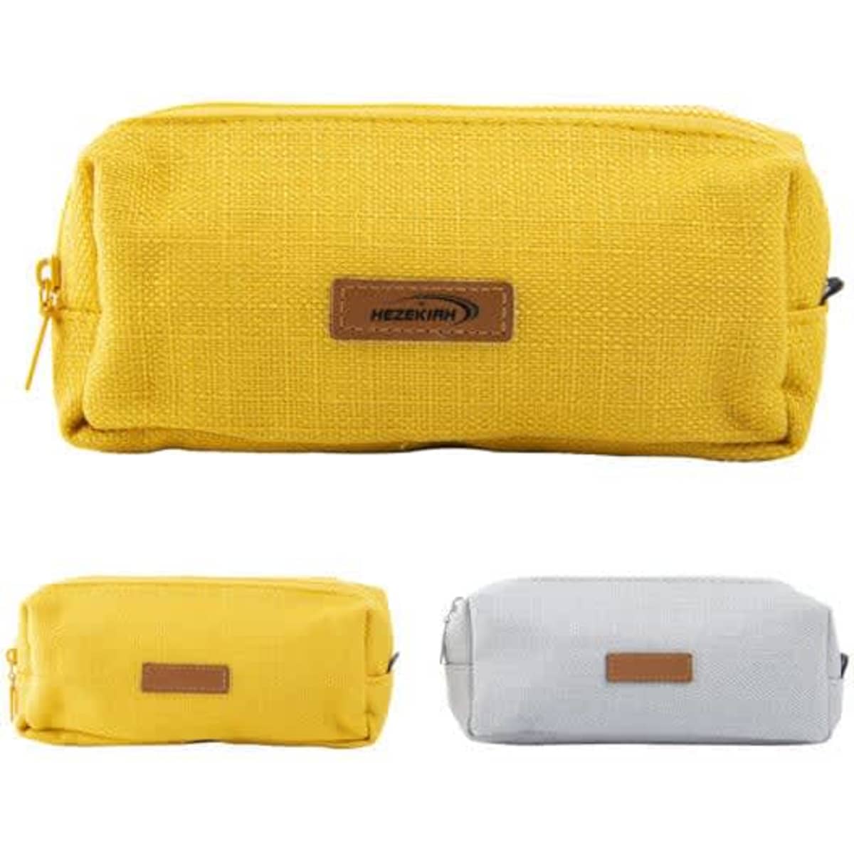 A yellow and a grey pencil case with zippers, featuring a logo patch on the side.