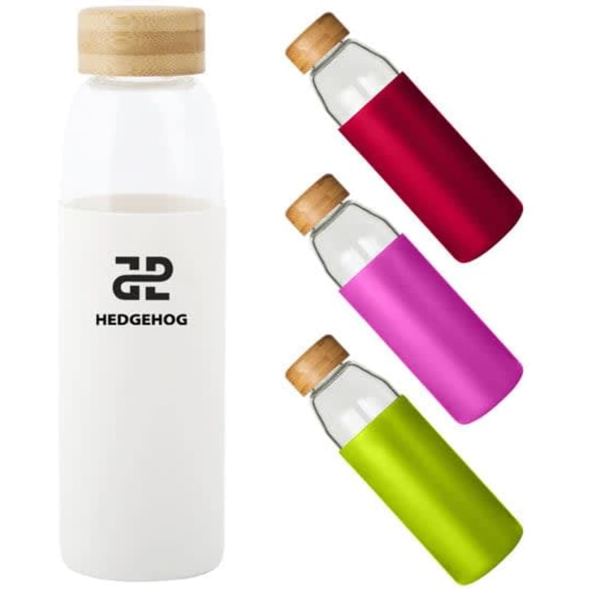 A drink bottle with a bamboo lid and silicone sleeve available in red, pink, and green. Features a logo.