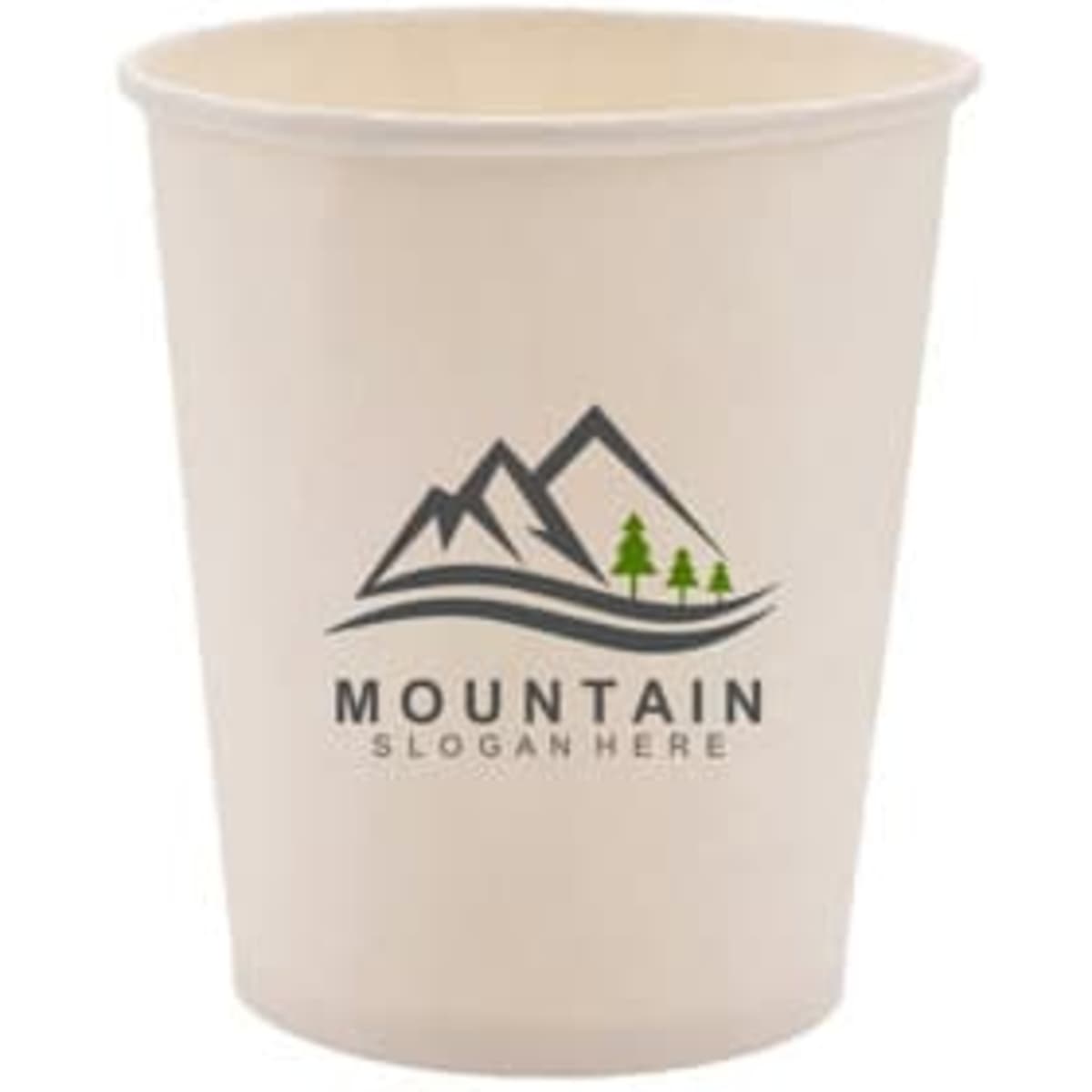A 9 oz. custom disposable paper cup in a natural colour featuring a logo with mountains and trees.