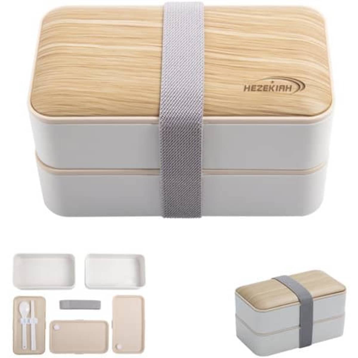 A wood grain double-layer lunch box with a beige and white design, featuring a strap and utensils inside.