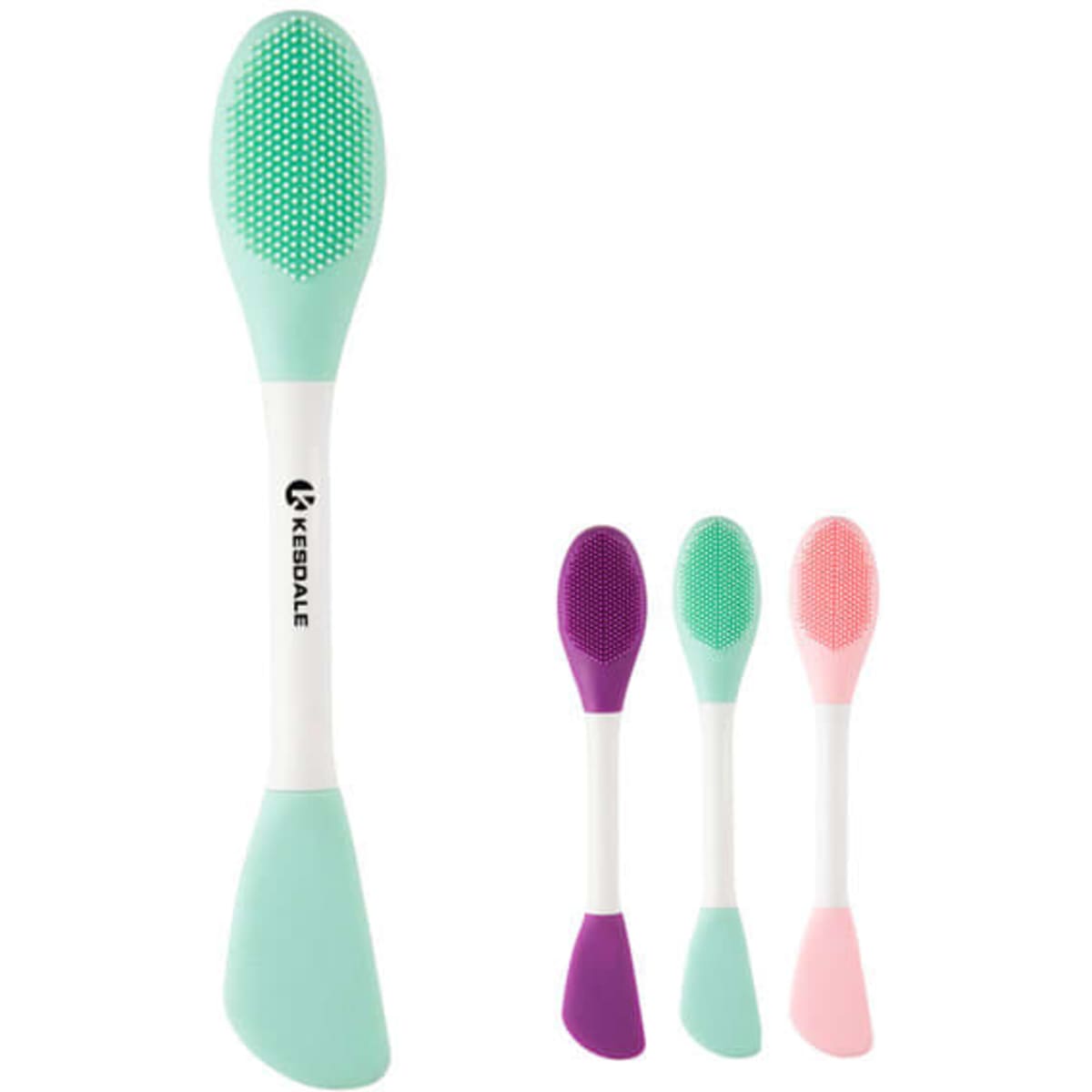 A set of double-ended silicone face mask brushes in pastel colours, featuring green, purple, and pink options with a logo.