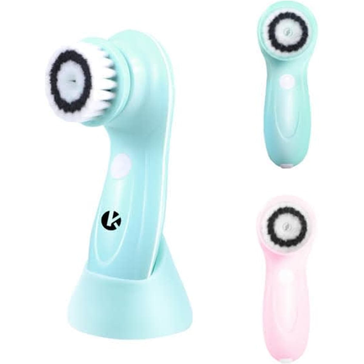 An electric facial cleansing brush in mint and pink colours, featuring a stand for storage and interchangeable brush heads.