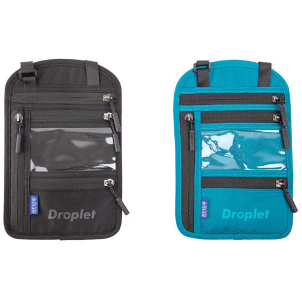 A black and a teal RFID blocking neck passport holder with multiple zippered pockets and a transparent pocket.