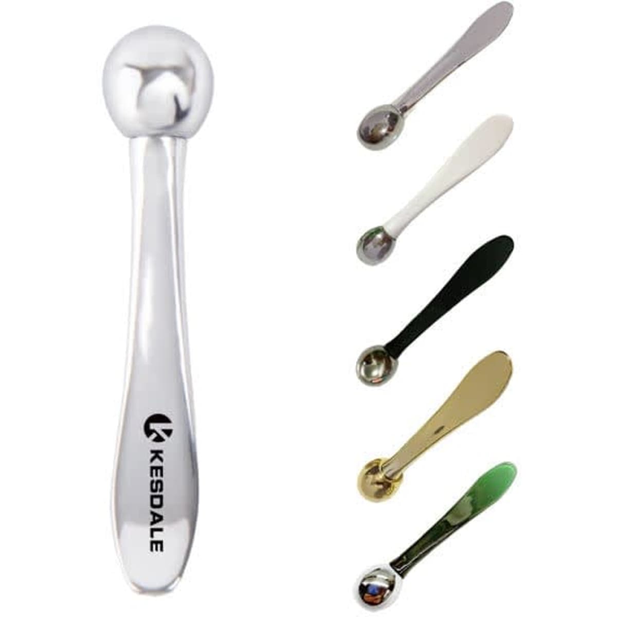 A set of eye cream massage sticks in silver, black, gold, and green, featuring a logo on one stick.