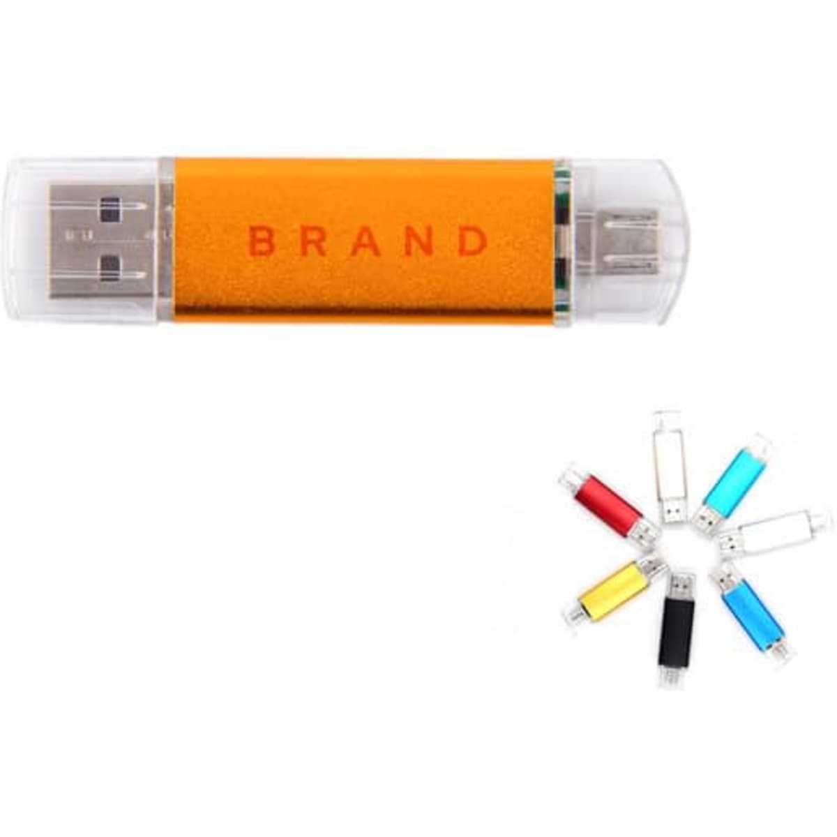 A 2GB custom USB flash drive with a clear casing and orange band, surrounded by various coloured flash drives.