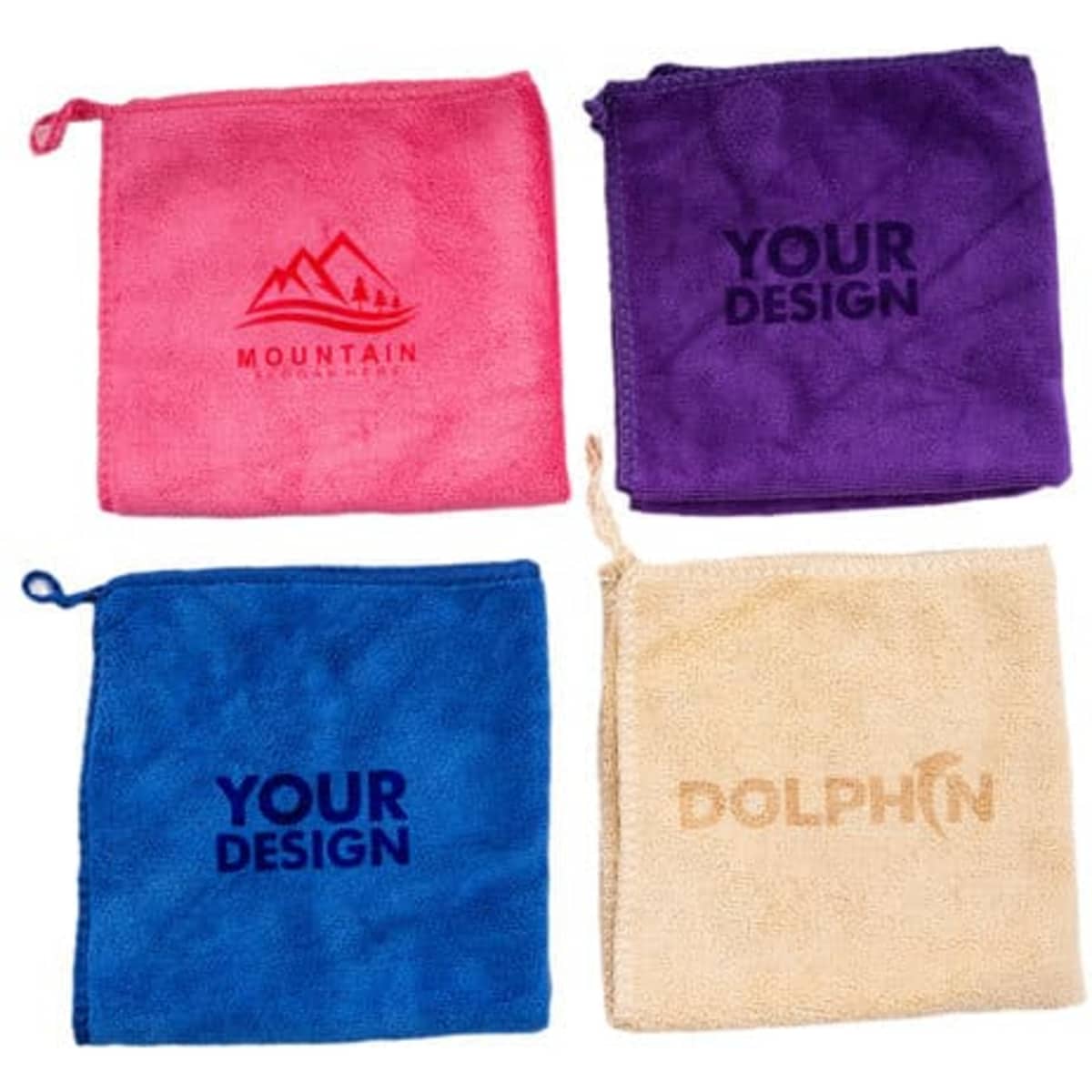 Four microfiber cleaning towels in pink, purple, blue, and cream, each featuring logos and design spaces.