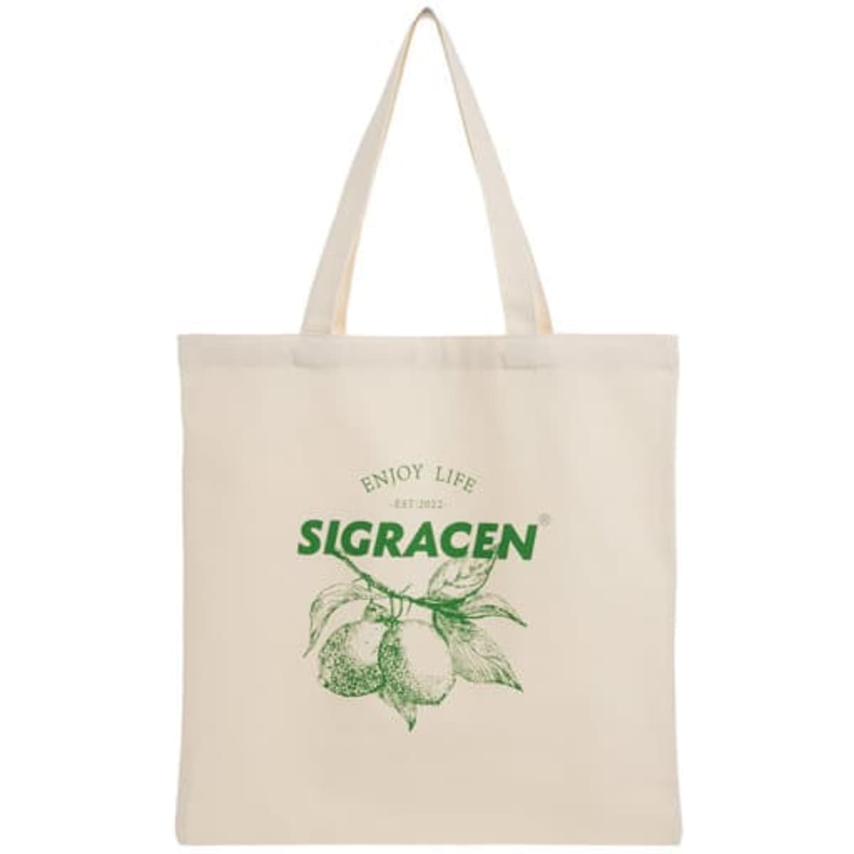 An 8 oz. custom cotton canvas grocery bag in natural colour with a green logo design.