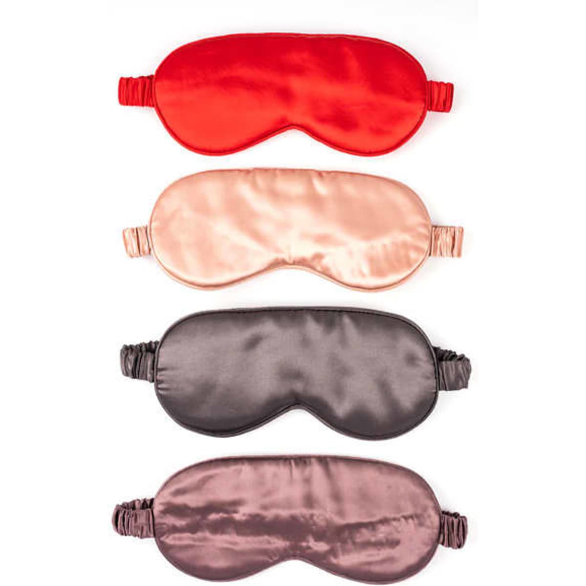 Four silk eye masks in red, peach, dark brown, and light brown, with elastic bands for comfort.