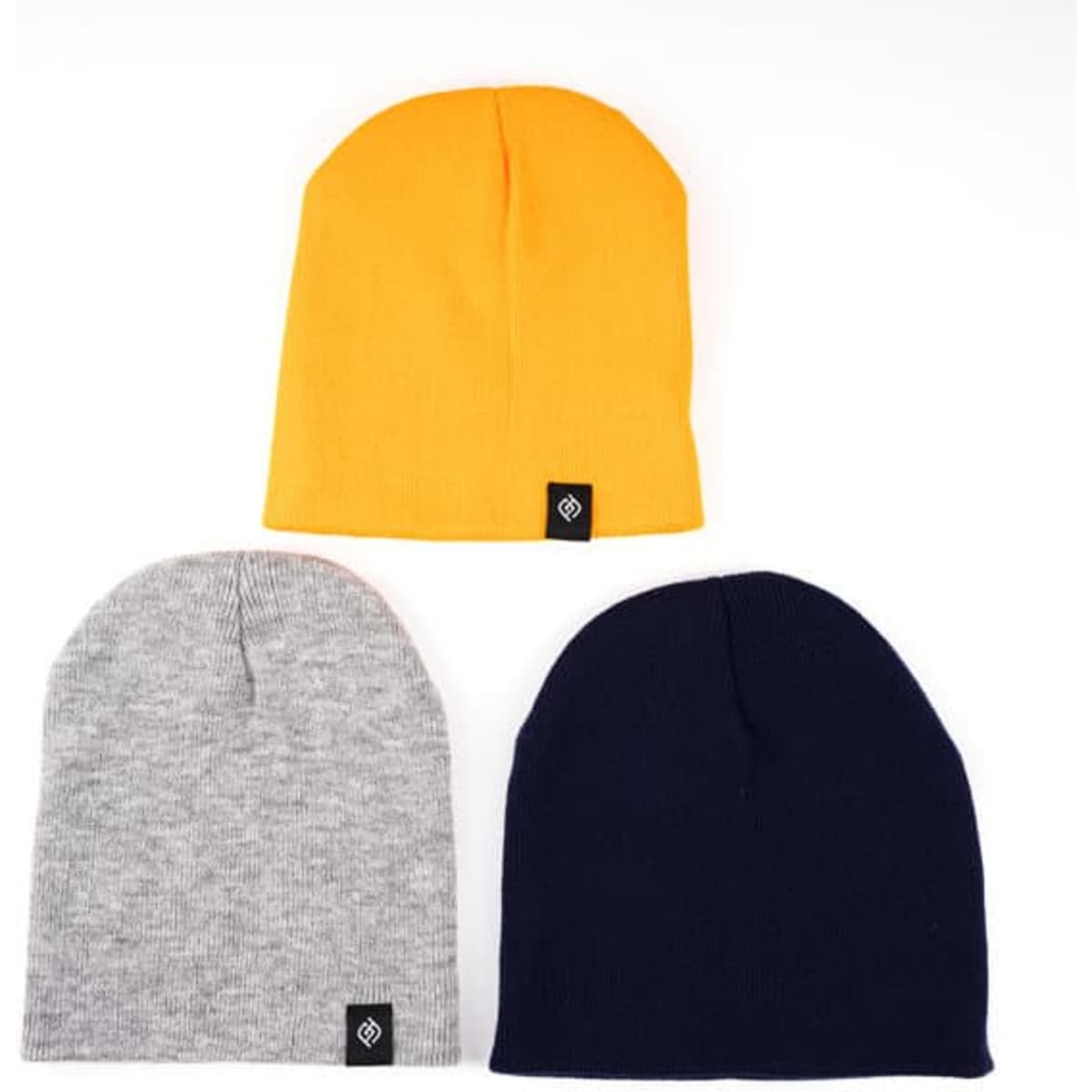 Three cuffless knit beanies in orange, grey, and navy, each with a small logo.