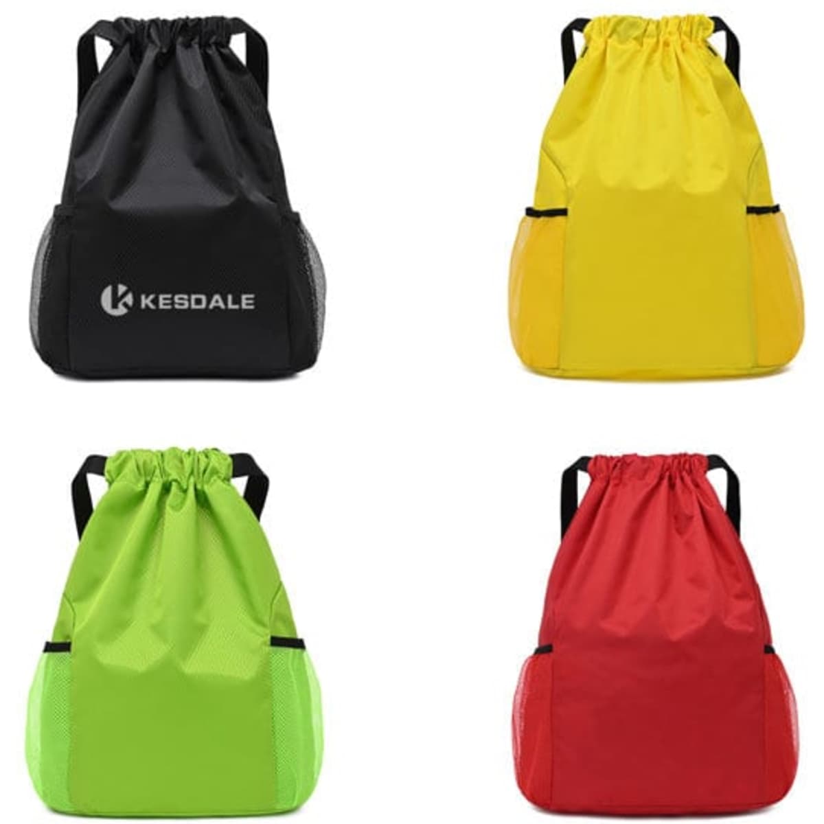 A collection of drawstring backpacks in black, yellow, red, and green, featuring side pockets for drink bottles and a logo.