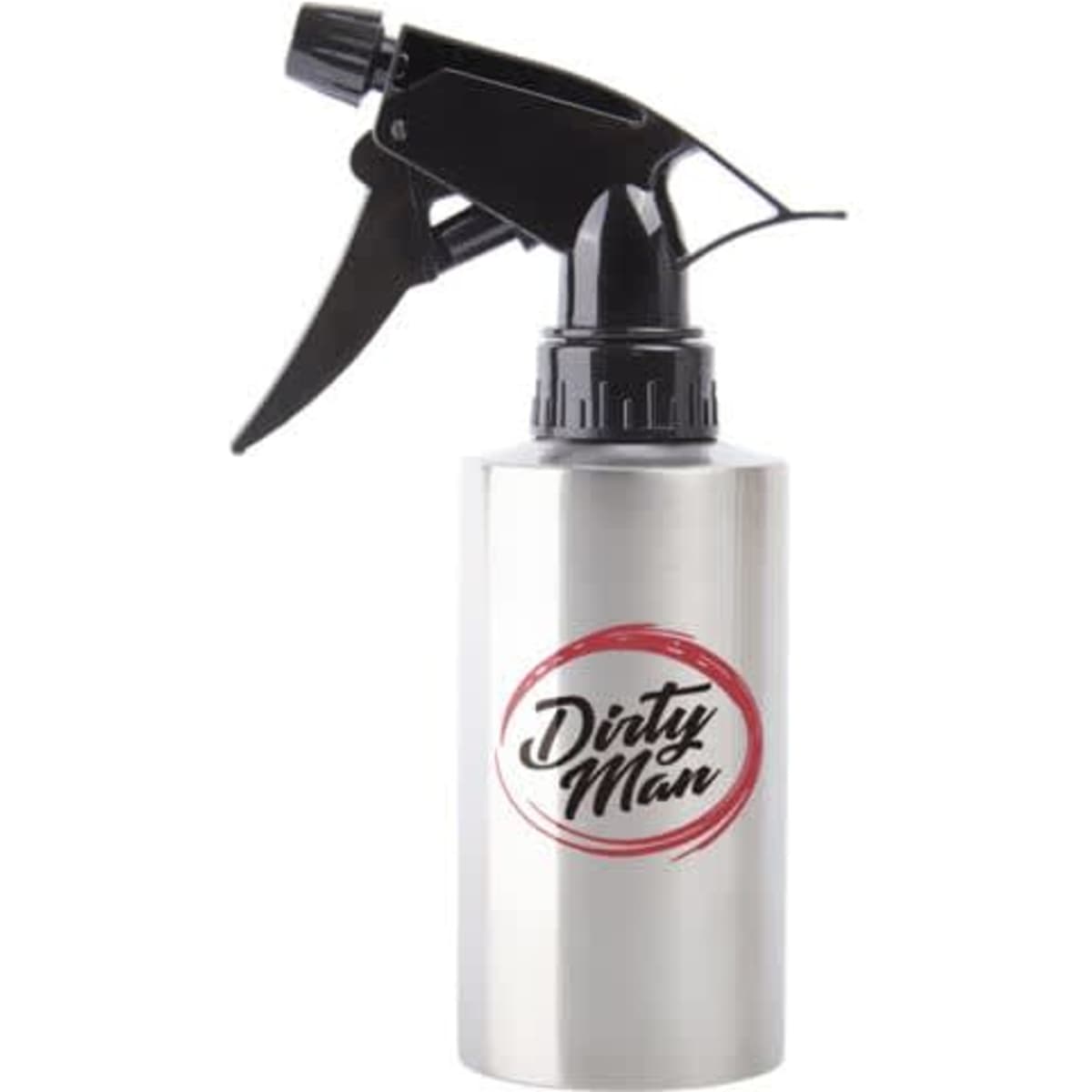 A stainless steel spray bottle with a black nozzle and a branding logo in red and black.