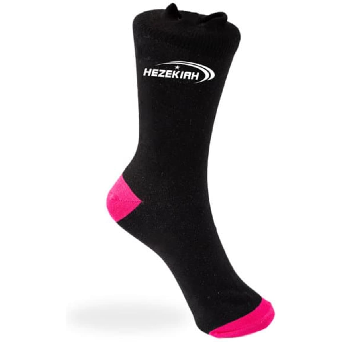 A black crew sock with pink accents and a logo on the side.