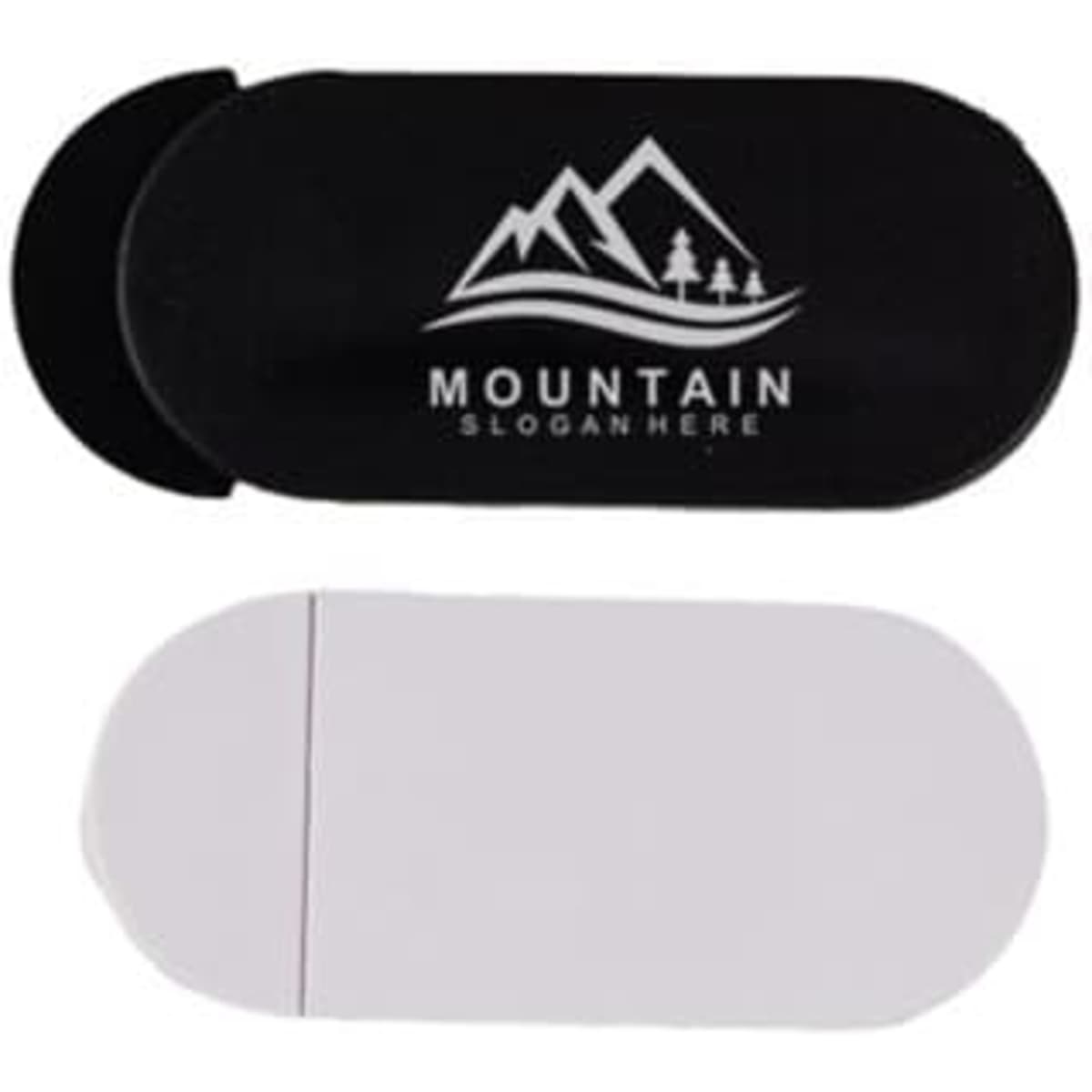 A black and white custom promotional webcam cover featuring a logo with a mountain design.