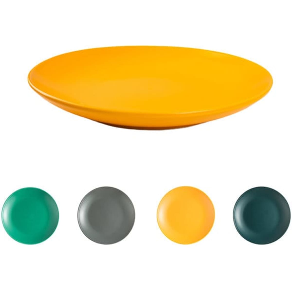 A custom ceramic plate in vibrant yellow, accompanied by images of plates in teal, grey, and dark green.
