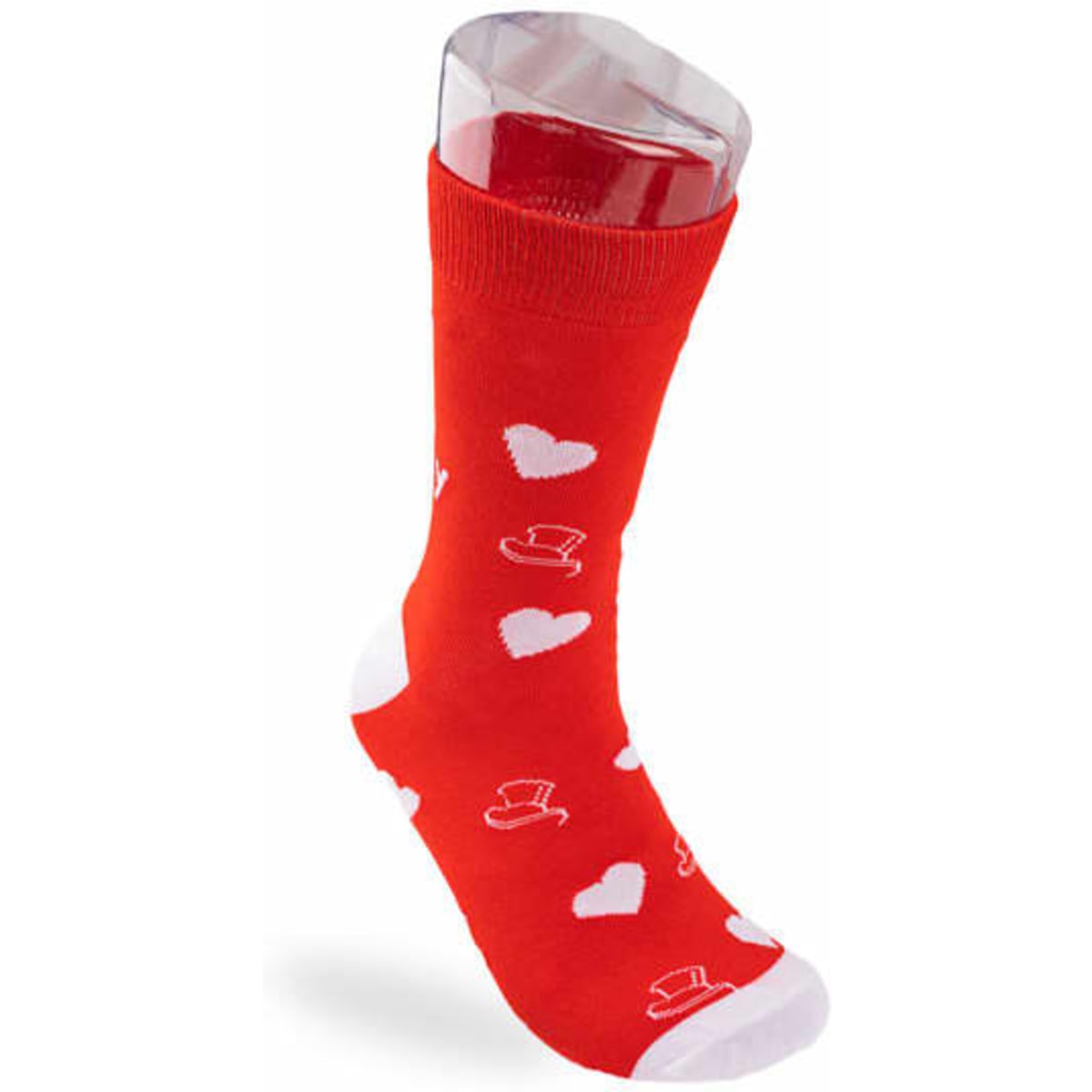 A red sock with white heart and hat patterns, displayed on a clear stand. It features a logo on the cuff.