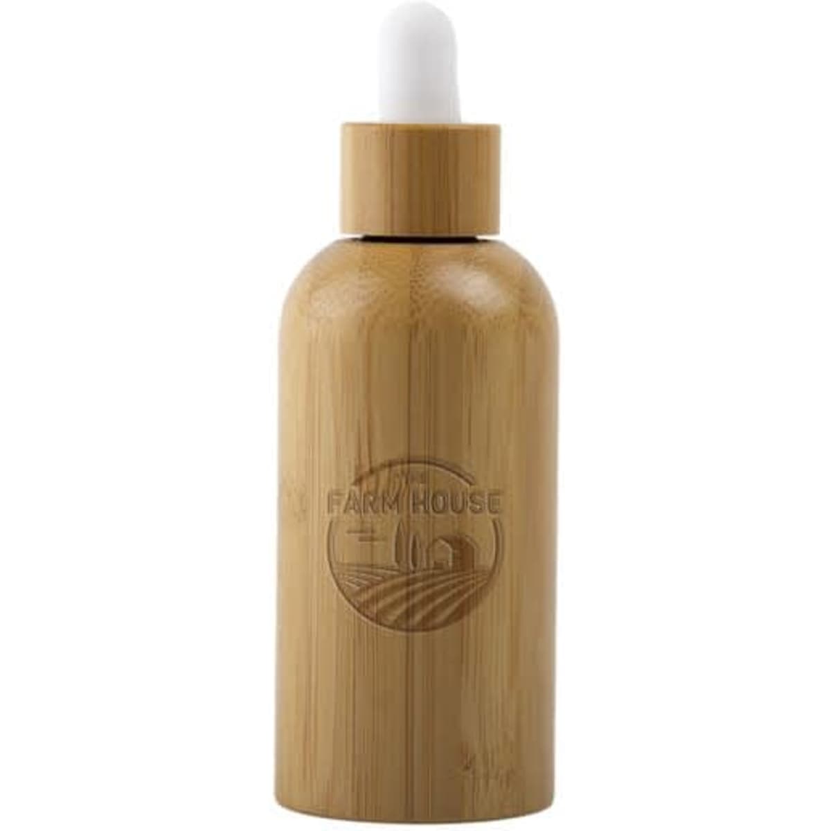 A bamboo essential oil dropper bottle with a light-coloured dropper lid. The bottle features a logo design.