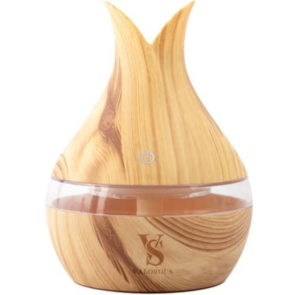 A wood grain essential oil diffuser with a teardrop shape, featuring a clear base and a logo on the front.