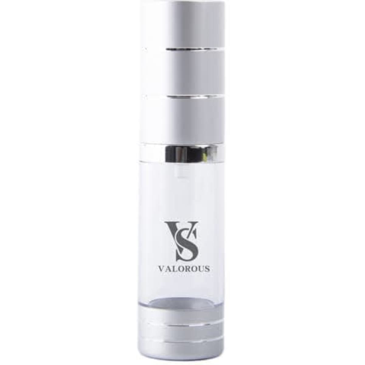 A 15ml transparent airless pump bottle with a silver top and base, featuring a logo. Ideal for health and personal care products.