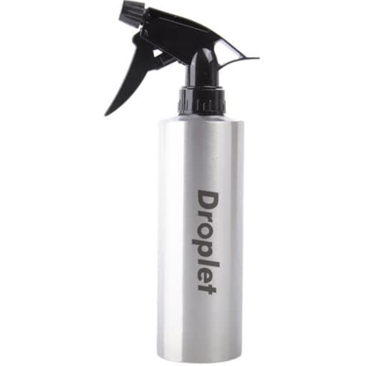 A stainless steel spray bottle with a black trigger sprayer and a logo. Silver in colour.