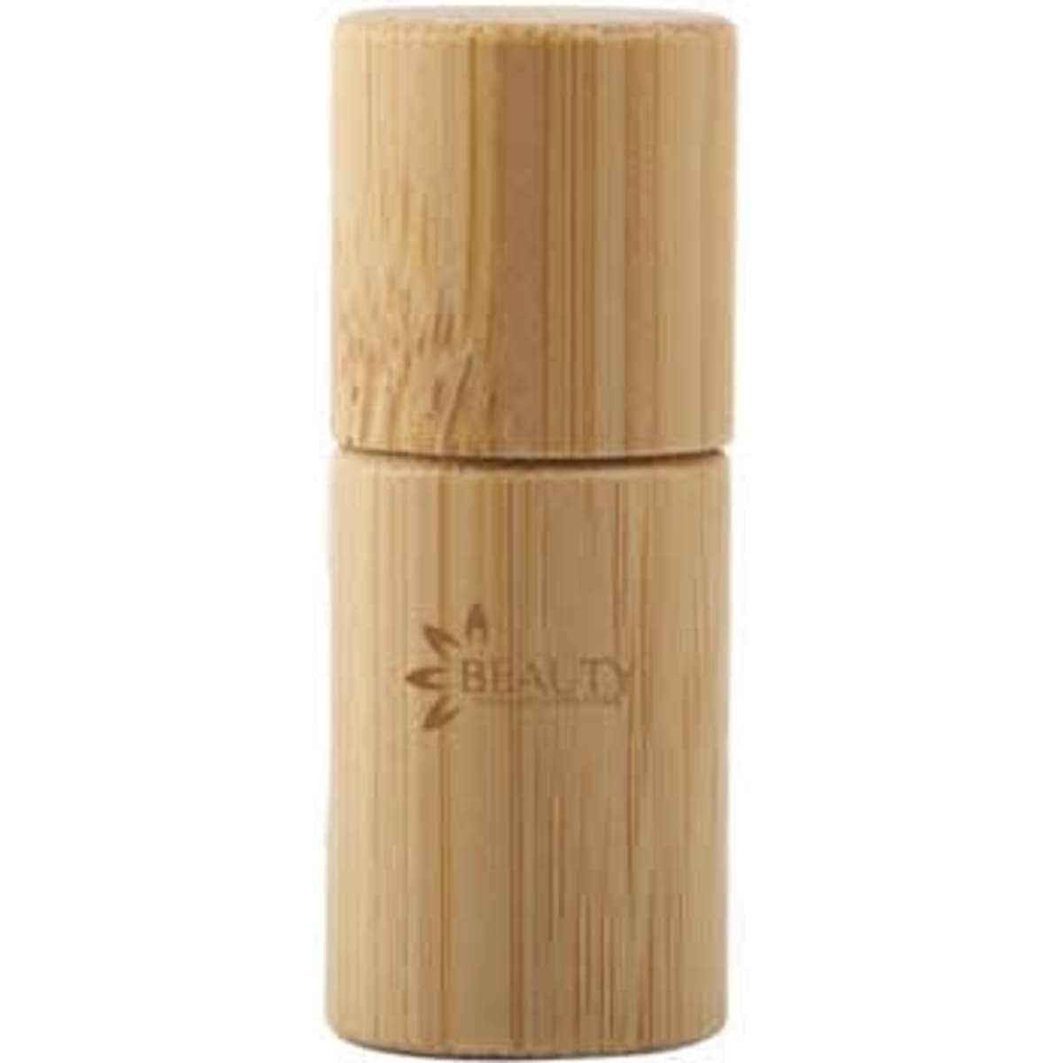 A 3ml glass roll-on bottle encased in a bamboo shell, featuring a natural wood finish and a logo.