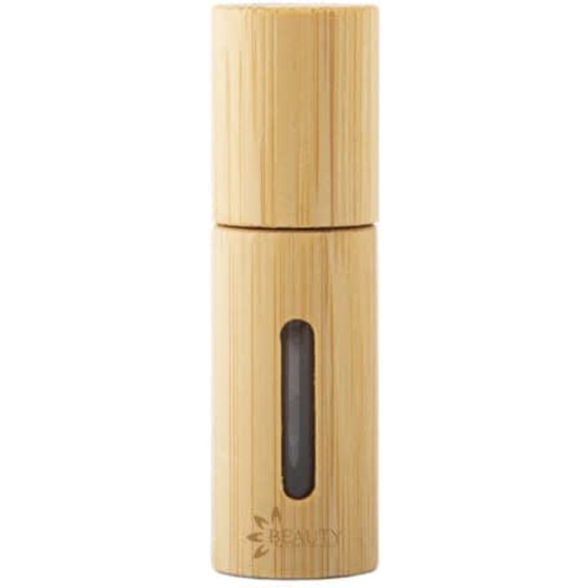A bamboo glass roll-on bottle featuring a window, with a natural wood finish and a sleek design.