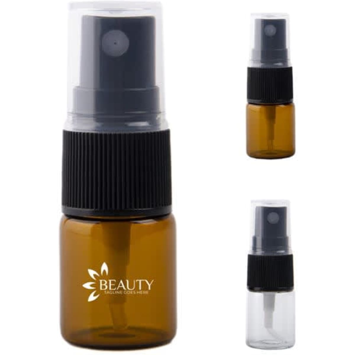 Amber glass spray bottle with a black pump and lid, suitable for various liquids. Features a branding logo.