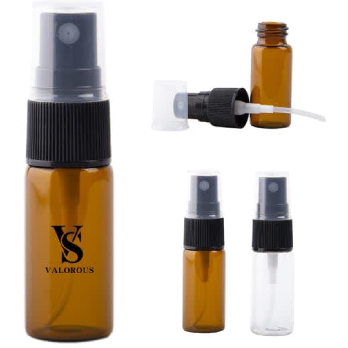 An amber glass spray bottle with a black lid, featuring a clear straw and a logo.