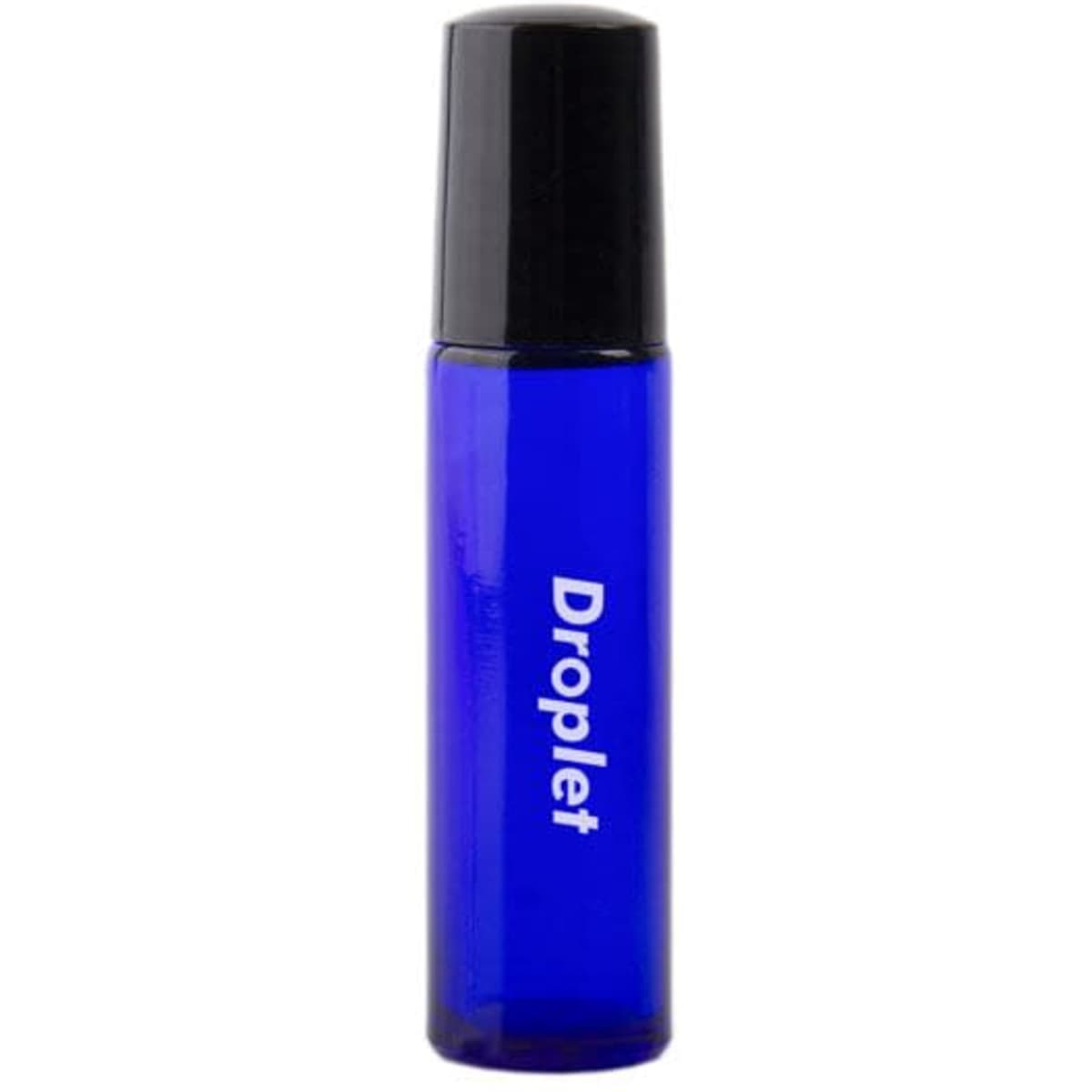 A 10ml blue glass roll-on bottle with a black cap and a branding logo.