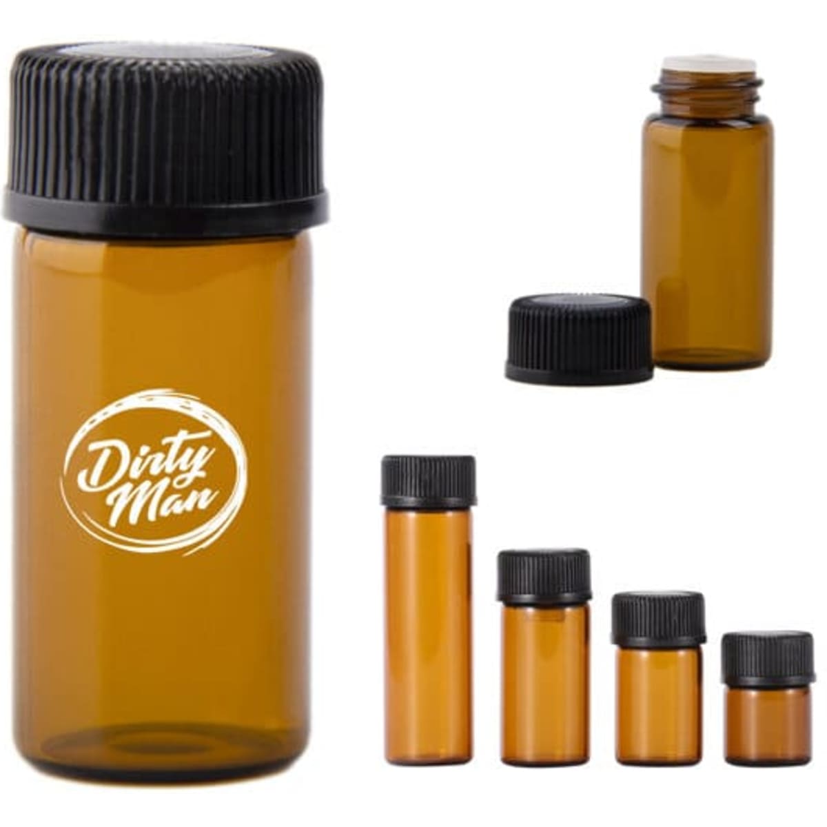 A 3ml amber glass essential oil bottle with a black screw cap and a logo. Multiple sizes are displayed.