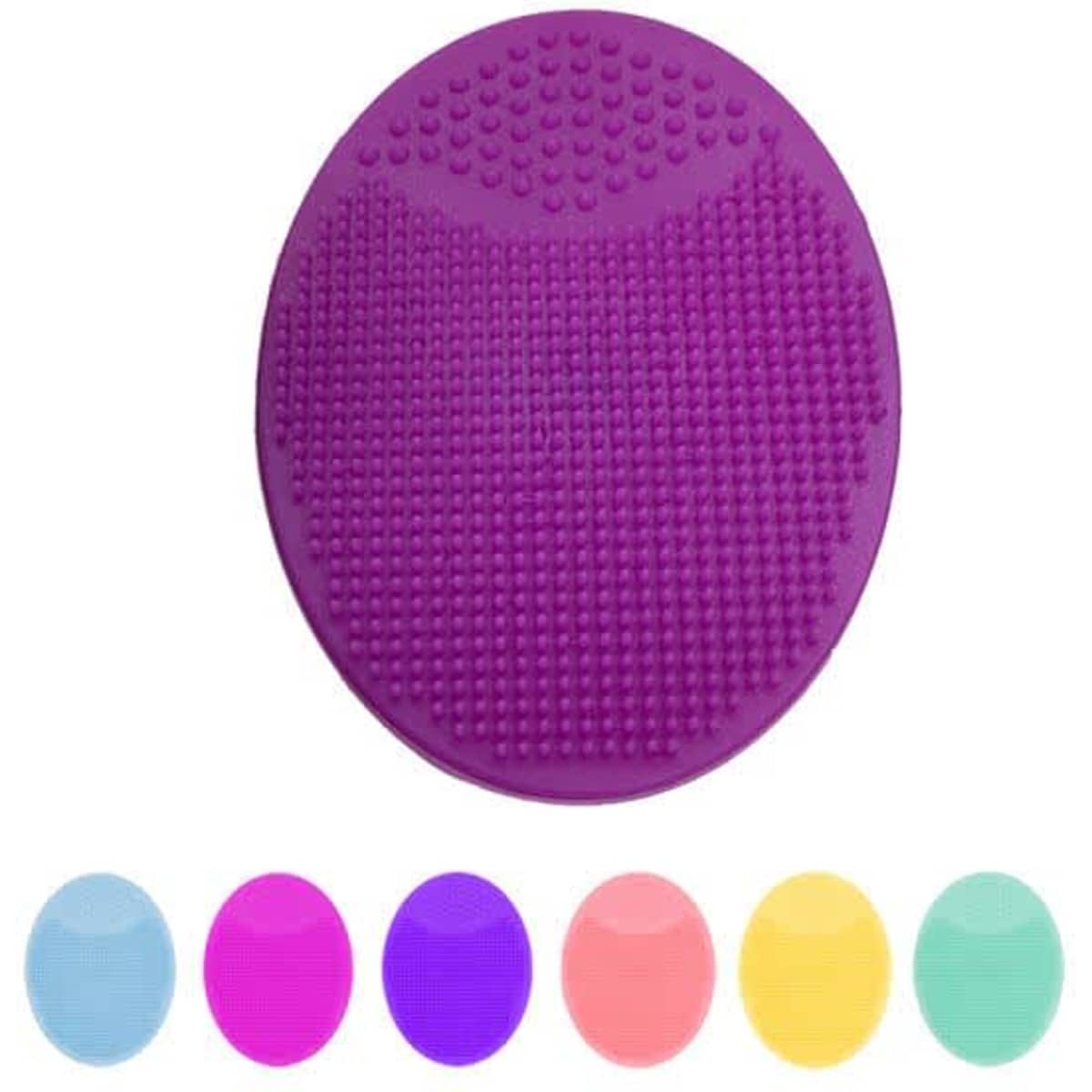 An oval silicone face scrubber in purple, featuring a textured surface, with six additional colour options below.