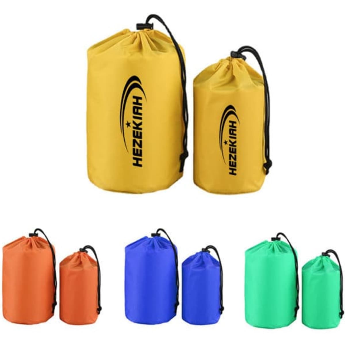 A set of waterproof bags in yellow, orange, blue, green, and red, featuring a logo. Two sizes are present.