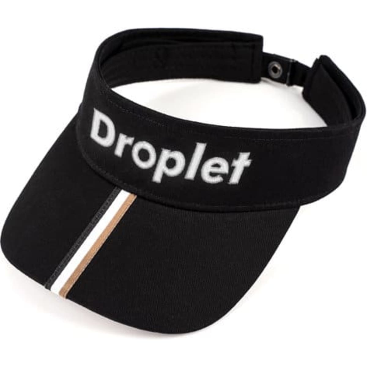 A black adjustable sun visor hat with a logo and a decorative white and tan stripe.